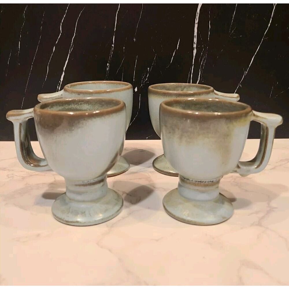 Frankoma Pottery Blue/Green Footed Coffee Tea Mug Set Of 4 MCM 4" x 3.25" EUC